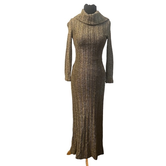 Vintage Calderon Gold Metallic Turtleneck Sweater Dress Sz 4 Women